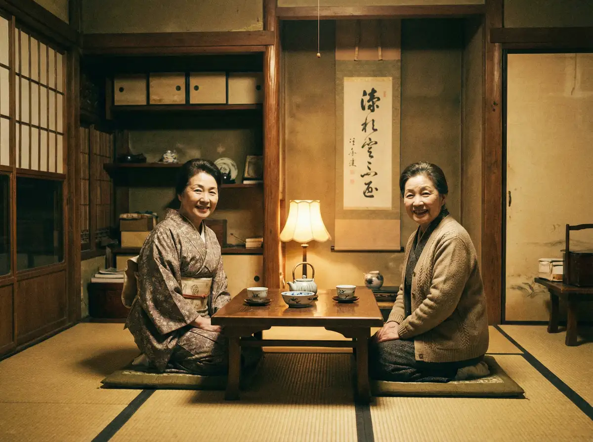 两位优雅的 【萝莉岛】萝莉岛官网 - 最新资讯萝莉岛传媒聚集地 在日式茶室中品茶交谈